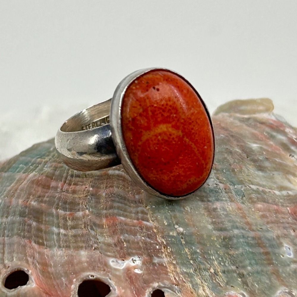Vintage Red Sponge Coral Sterling Silver Ring Large Bezel Cabochon Wide Band 7/N